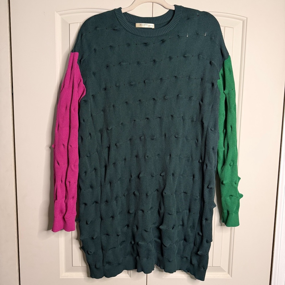 eShakti Green and Pink Color Block Sweater Dress